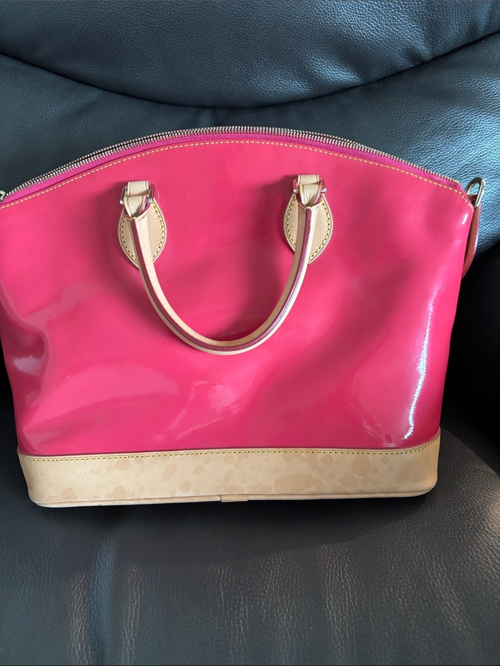 Dooney & Burke Hot Pink Patent Purse With Tan Trim - Picture 6 of 14
